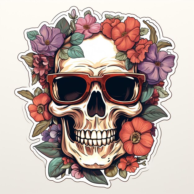 Vector een schedel met zonnebril en een schedel met bloemen op de achtergrond.