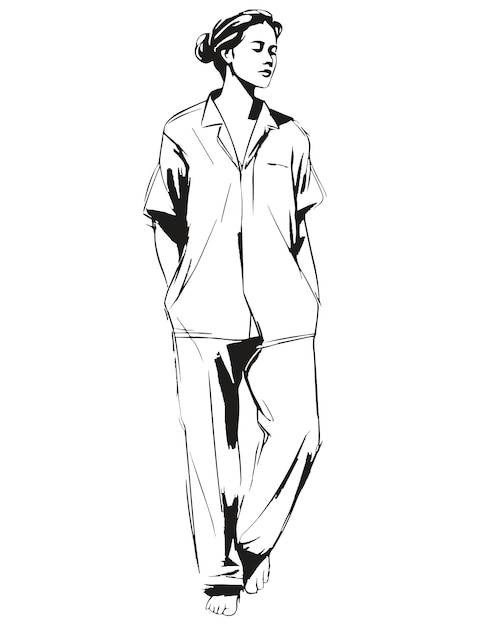 Een schets van een man in een hemd en broek
