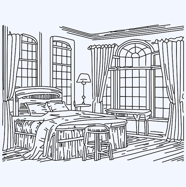 Een schets van een slaapkamer met een bed en een krukje.
