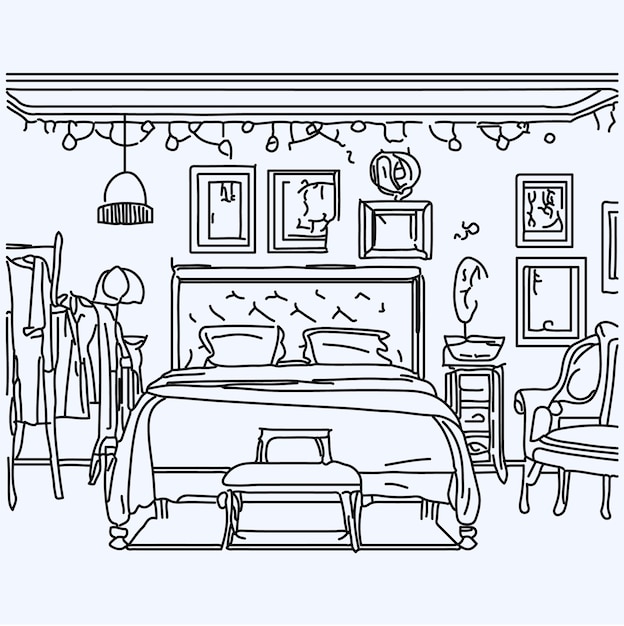 Een schets van een slaapkamer met een bed en een stoel.