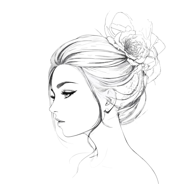 Een schets van een vrouw met een bloem in haar haar
