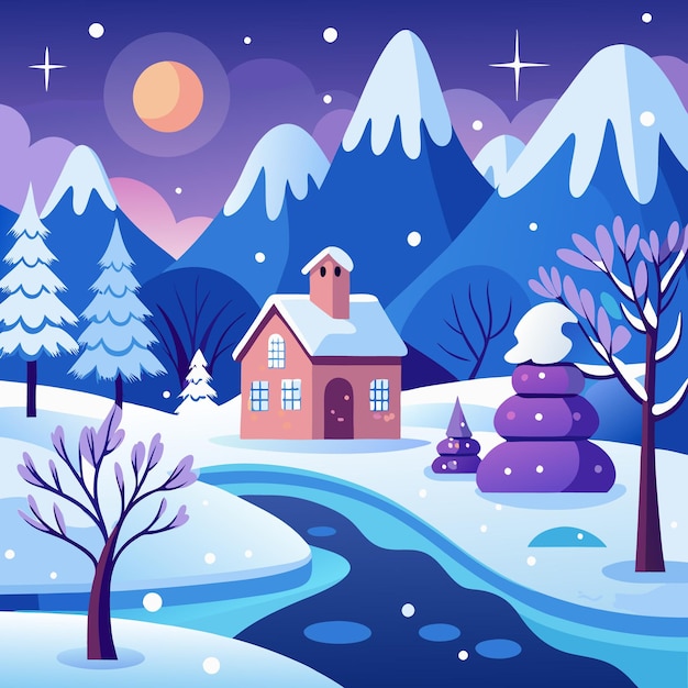 Een schilderachtig huis gelegen in een besneeuwde bergvallei met een kronkelende rivier die door het gebied stroomt