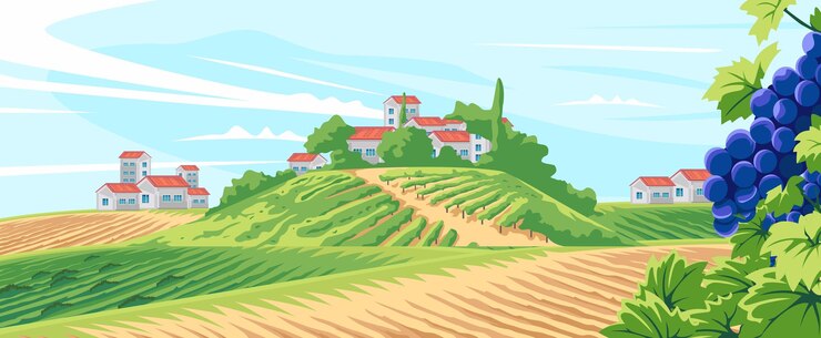 Vector een schilderachtig landschap in toscane met wijngaarden, huizen op heuvels en rijpe druiven