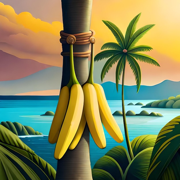 Een schilderij van bananen vastgebonden aan een boom met op de achtergrond een palmboom en een palmboom.