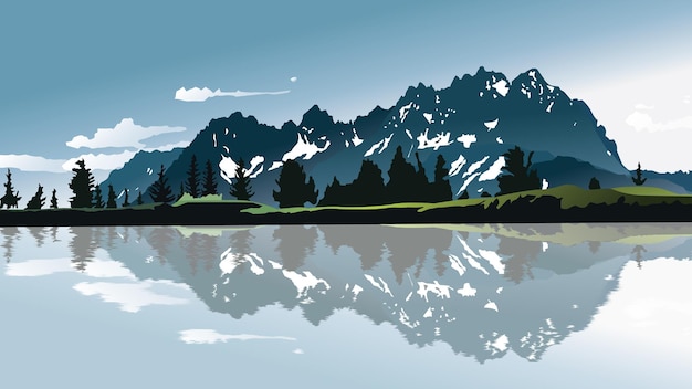 Een schilderij van een bergketen met een blauwe lucht en de bergen op de achtergrond.