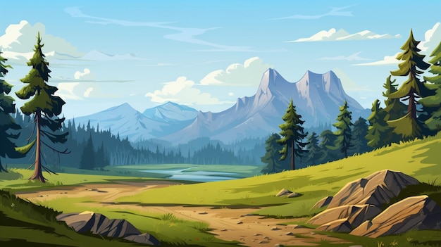 Vector een schilderij van een berglandschap met bergen en bomen