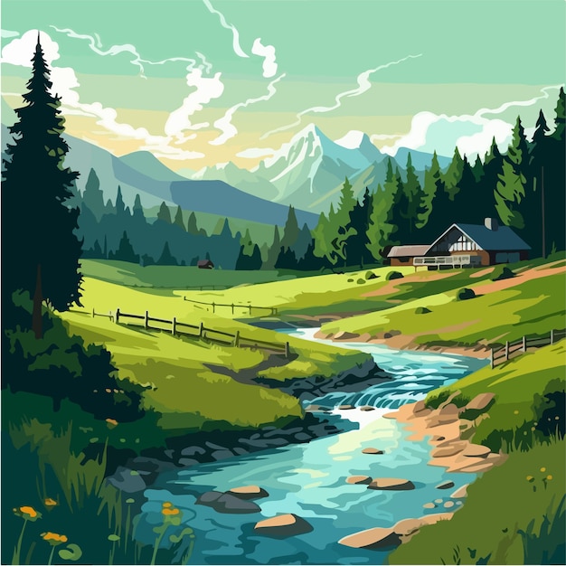Een schilderij van een berglandschap met op de voorgrond een huis.