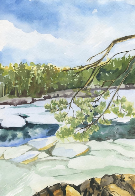 Vector een schilderij van een boomtak met ijs en een meer op de achtergrond.