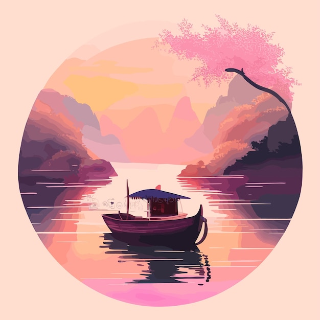 Vector een schilderij van een boot op een meer met een roze boom op de achtergrond.