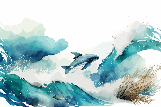 Een schilderij van een dolfijn die over een golf springt