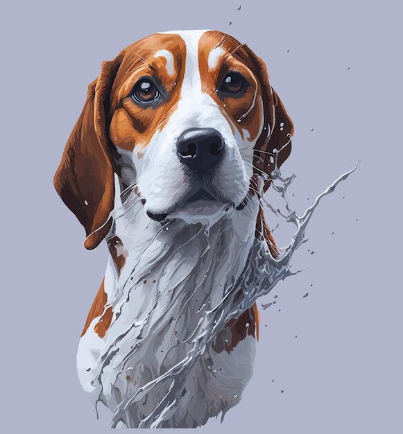 Vector een schilderij van een hond met blauwe ogen en een bruin-wit gezicht.