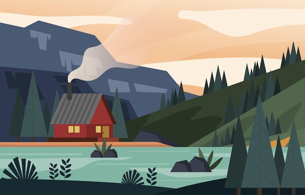 een schilderij van een hut met een huis op de achtergrond