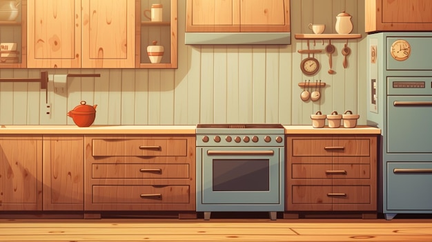 Vector een schilderij van een keuken met een kachel en een plank met een plank en een shelf met een planken met een foto van een kacher en kasten