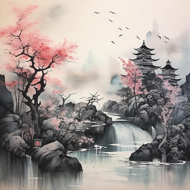 Vector een schilderij van een landschap met een brug en bomen op de achtergrond