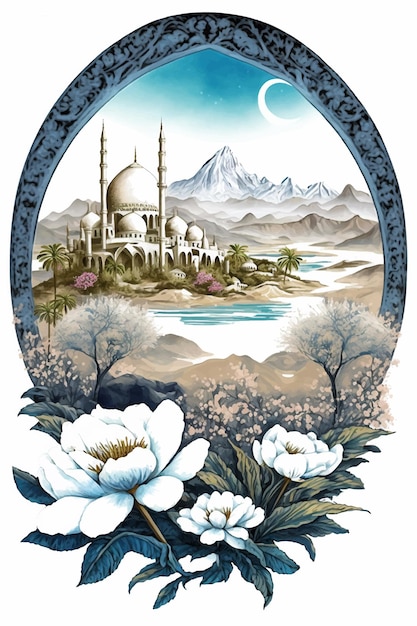 Een schilderij van een moskee met bergen op de achtergrond.