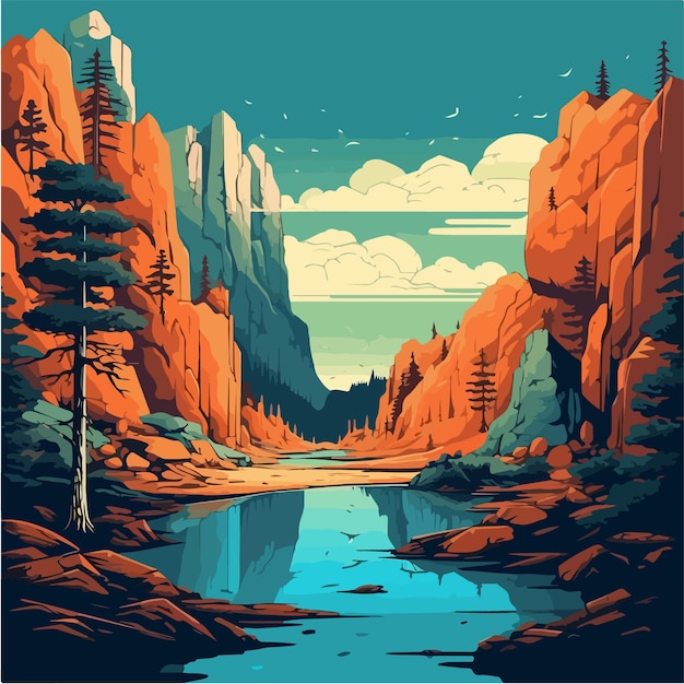 Een schilderij van een rivier met bergen op de achtergrond.