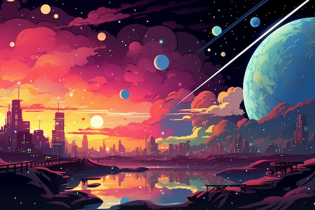 Vector een schilderij van een stad met planeten in de lucht