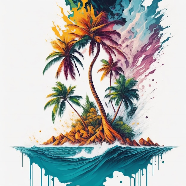 Een schilderij van een tropisch eiland met een palmboom erop.
