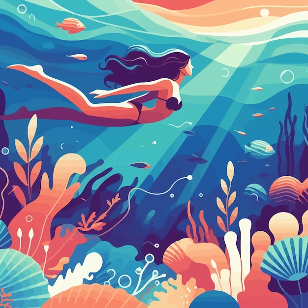 een schilderij van een vrouw die in de oceaan zwemt met de onderwaterwereld op de bodem