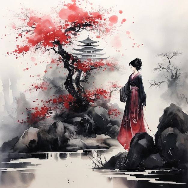Vector een schilderij van een vrouw in een kimono met een rode boom op de achtergrond