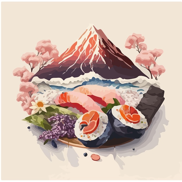 Een schilderij van sushi en sushi op een bord met een berg op de achtergrond.