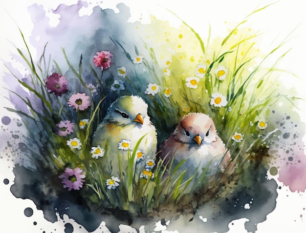 Een schilderij van twee vogels in een bloemenveld