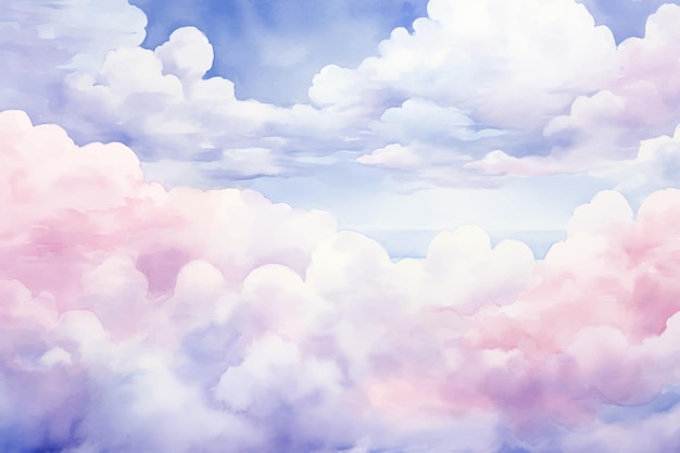 Vector een schilderij van wolken met een roze en blauwe lucht op de achtergrond.