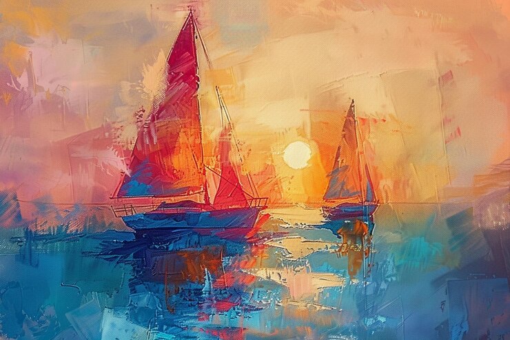 een schilderij van zeilboten met de zon achter hen ondergaan