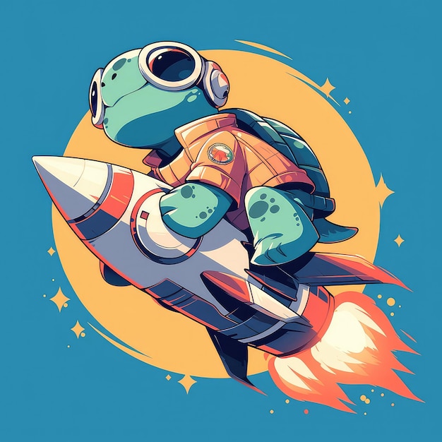 Een schildpad die op een raket rijdt in cartoon stijl