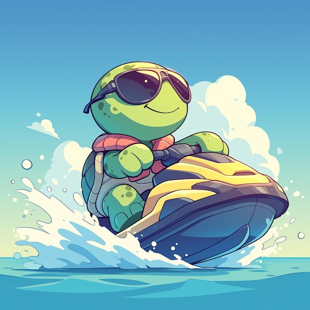 Een schildpad op een jetski cartoon stijl