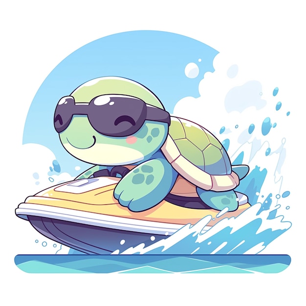 Een schildpad op een jetski cartoon stijl