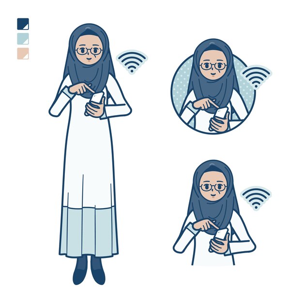 Een senior arabische vrouw met operate smartphone-afbeeldingen
