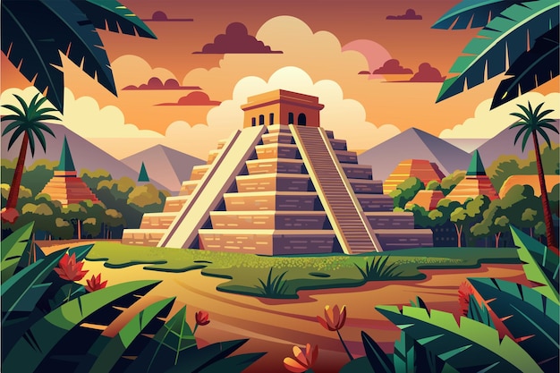 Vector een serene scène van de maya-ruïnes van chichen itza in mexico met de torenhoge piramide van el castillo die zich boven de omringende jungle verheft