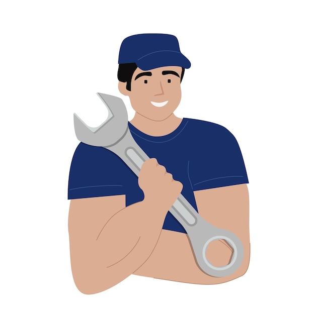 Een servicemedewerker in uniform, een technicus, een specialist, een reparateur houdt een moersleutel vast.