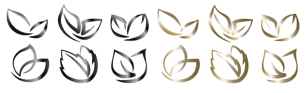 Een set abstracte bladeren op een transparante achtergrond logo gouden en zwarte kleur voor logo's ontwerpen voor de symboliek van de groene planeet