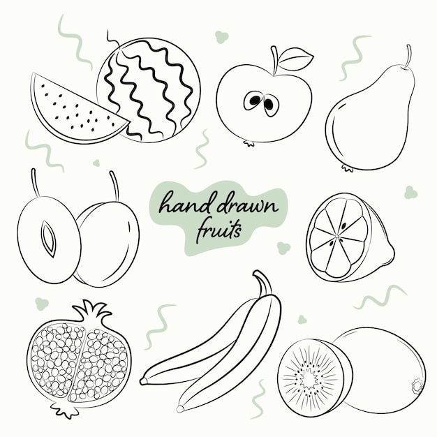 Een set afbeeldingen van handgetekend gezond fruit