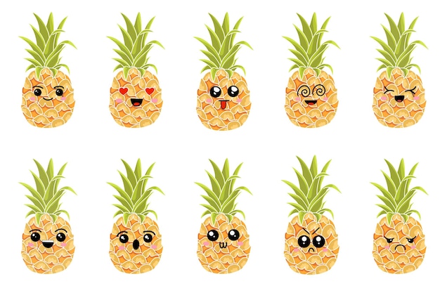 Een set ananassen met verschillende emoties Kleurenillustraties op een witte achtergrond