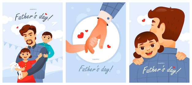 Een set ansichtkaarten voor vaderdag vader en kind leuke cartoon vectorillustratie