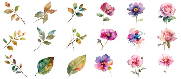 Een set aquarel bloemen en bladeren