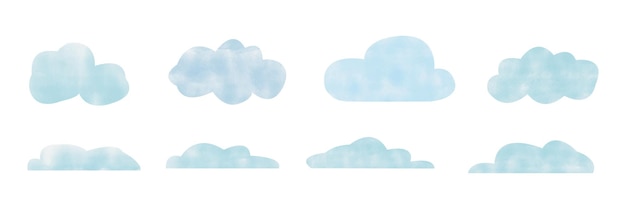 Een set aquarelwolken in blauw en wit
