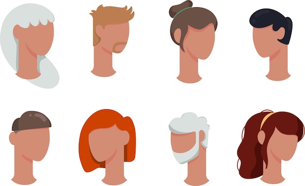 Vector een set avatars van mensen op een witte achtergrond met verschillende kapsels en leeftijden