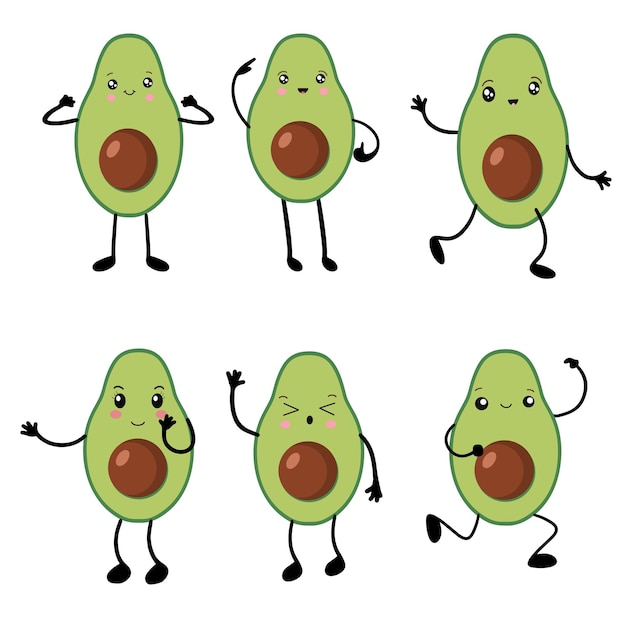 Een set avocado's in de stijl van kawaii Avocado-vruchten in een platte ontwerpvector