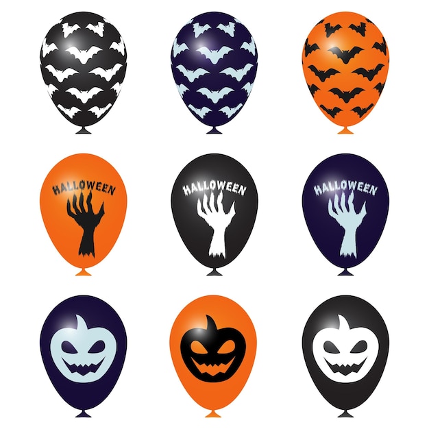 Vector een set ballonnen voor halloween realistische zwartoranje paarse ballen met een vleermuis een inscriptie en tekst een hand een pompoen