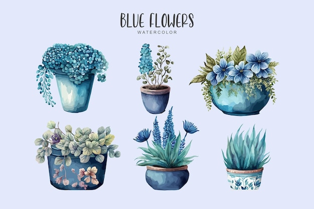 Een set blauwe aquarel bloemen in potten op blauwe achtergrond