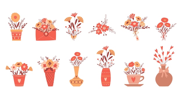 Een set bloemstukken in vazen een envelop een plantenbak een emmer Eenvoudige schattige botanische composities in cartoon stijl Kleur vectorillustraties geïsoleerd op een witte achtergrond