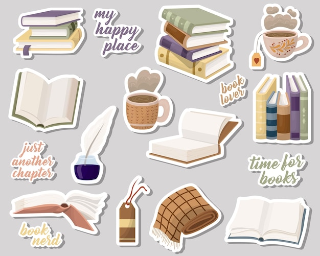 een set boekstickers open boeken en boeken gestapeld in stapels Verschillende kenmerken om te lezen Vectorillustratie