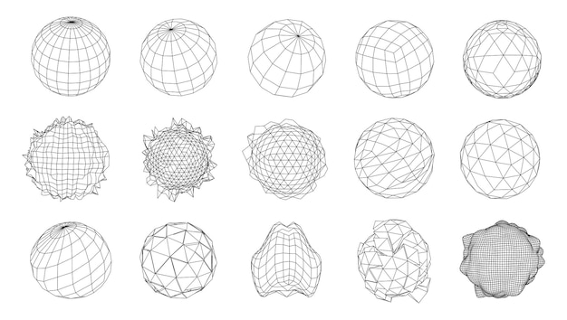 Een set bollen uit een draadframe-gaas Verzameling bollen voor gebruik in HUD-ontwerp Netwerklijnconcept