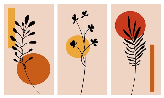 Een set botanische posters in boho-stijl en abstracte vormen