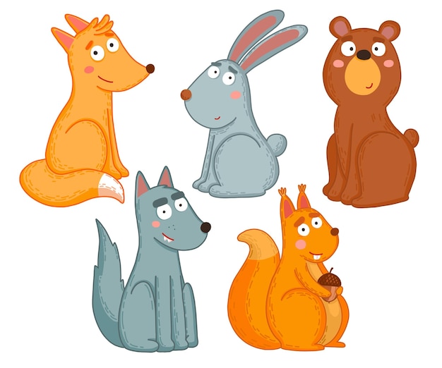 Een set dieren in tekenfilmstijl