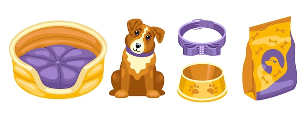 Een set dierenbenodigdheden voor een hond. het verzorgen van de puppy een bed, eten, een halsband en een kom. leuke doe